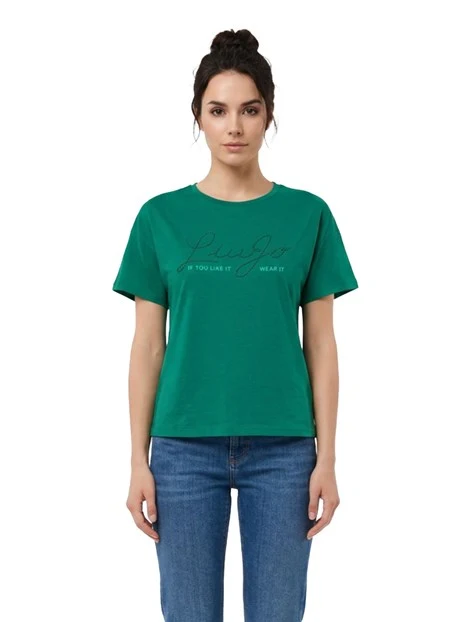 T-SHIRT MANICA CORTA IN COTONE LOGO RICAMATO DONNA VERDE