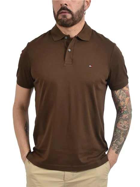 POLO MANICA CORTA IN PURO COTONE CON BANDIERINA RICAMATA UOMO MARRONE