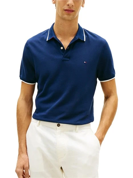 POLO MANICA CORTA IN PIQUÉT DI COTONE LOGO BANDIERA RICAMATO UOMO BLU