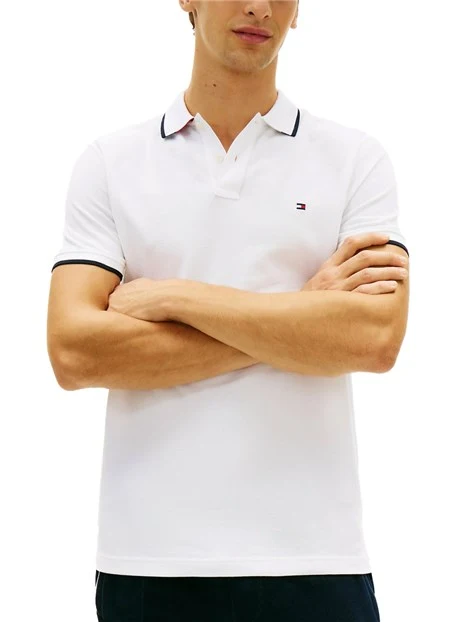 POLO MANICA CORTA IN PIQUÉT DI COTONE LOGO BANDIERA RICAMATO UOMO BIANCO