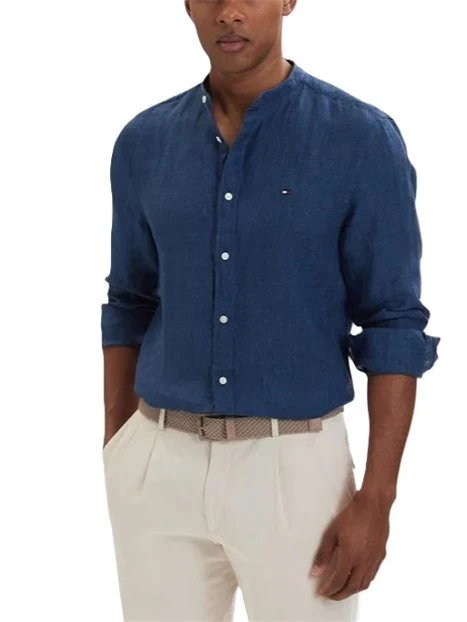 CAMICIA COREANA IN LINO CON DETTAGLIO RICAMATO UOMO BLU