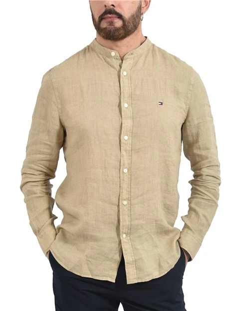 CAMICIA COREANA IN LINO CON DETTAGLIO RICAMATO UOMO BEIGE