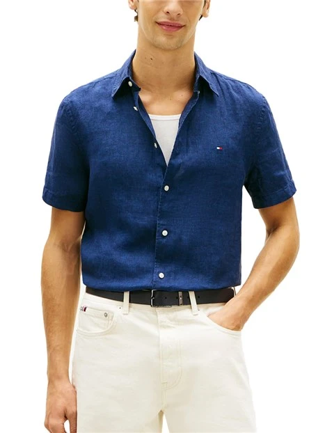 CAMICIA MANICA CORTA IN PURO LINO CON LOGO RICAMATO UOMO BLU