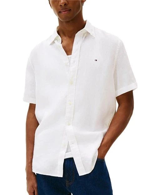 CAMICIA MANICA CORTA IN PURO LINO CON LOGO RICAMATO UOMO BIANCO