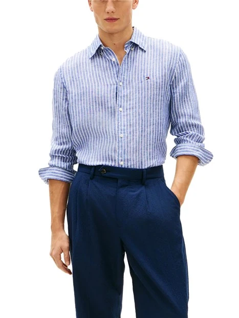 CAMICIA CASUAL IN MISTO LINO E COTONE CON MOTIVO A RIGHE UOMO BLU