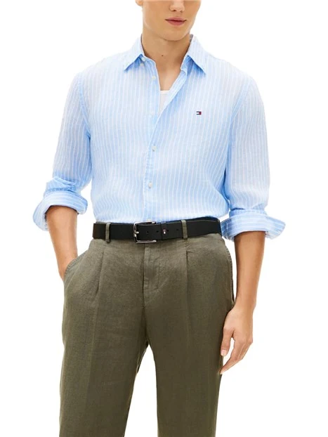 CAMICIA CASUAL IN MISTO LINO E COTONE CON MOTIVO A RIGHE UOMO AZZURRO