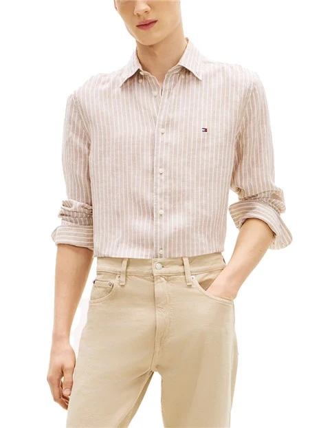 CAMICIA CASUAL IN MISTO LINO E COTONE CON MOTIVO A RIGHE UOMO BEIGE