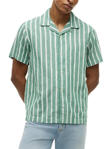 CAMICIA MANICA CORTA IN MISTO LINO E COTONE CON MOTIVO A RIGHE UOMO VERDE