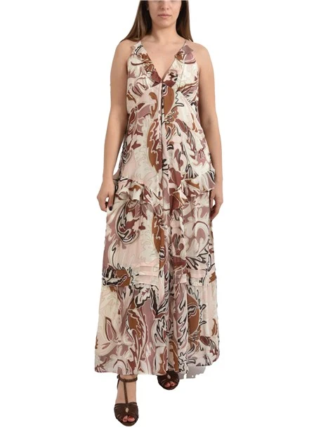 VESTITO LUNGO CON STAMPA ALL OVER E BALZE DONNA MARRONE