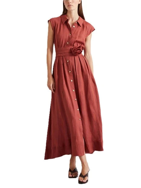 VESTITO LUNGO CHEMISIER IN PURO LINO CON CINTURA COORDINATA DONNA ROSSO