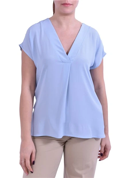 BLUSA SMANICATA CON SCOLLO A V E PIEGA CENTRALE DONNA AZZURRO