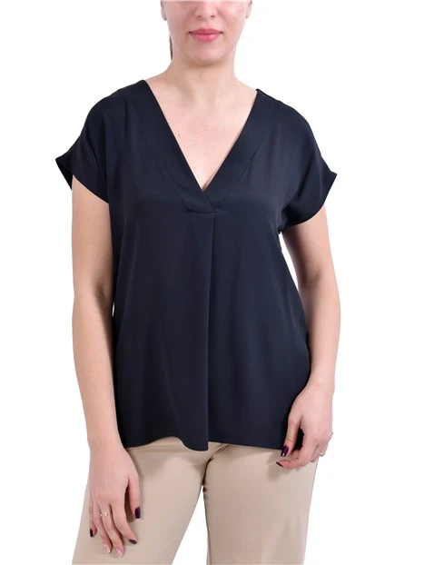 BLUSA SMANICATA CON SCOLLO A V E PIEGA CENTRALE DONNA BLU