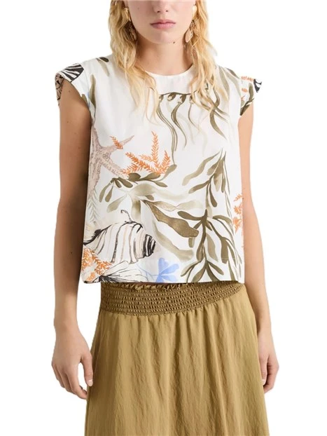 T-SHIRT MANICA CORTA CON STAMPA FANTASIA E APERTURA A GOCCIA SUL RETRO DONNA BIANCO