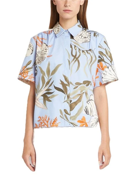 CAMICIA IN POPELINE DI COTONE  CON ARRICCI E STAMPA DONNA AZZURRO
