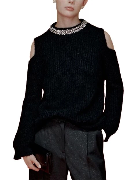 MAGLIA GIROCOLLO CON SPALLE APERTE E APPLICAZIONI GIOIELLO DONNA NERO