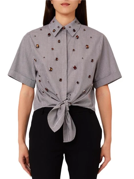 CAMICIA MANICA CORTA CON DETTAGLI GIOIELLO DONNA MARRONE