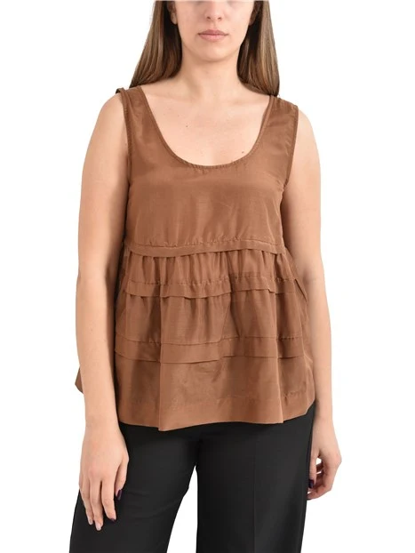 TOP IN MUSSOLA MISTO COTONE E SETA  CON BLAZE E PIEGHE DONNA MARRONE