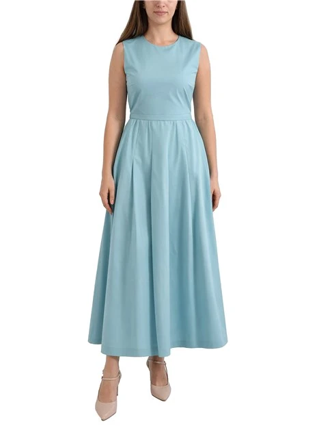 VESTITO LUNGO IN POPELINE DI COTONE CON TASCHE ED ELASTICO IN VITA DONNA AZZURRO