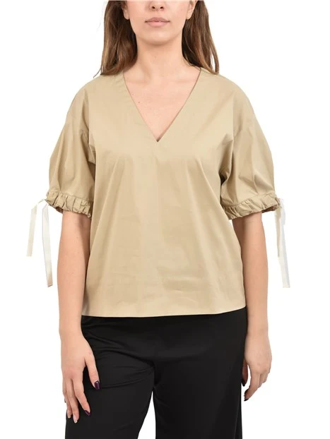 BLUSA CON SCOLLO A V E LACCETTI REGOLABILI SULLE MANICHE DONNA BEIGE
