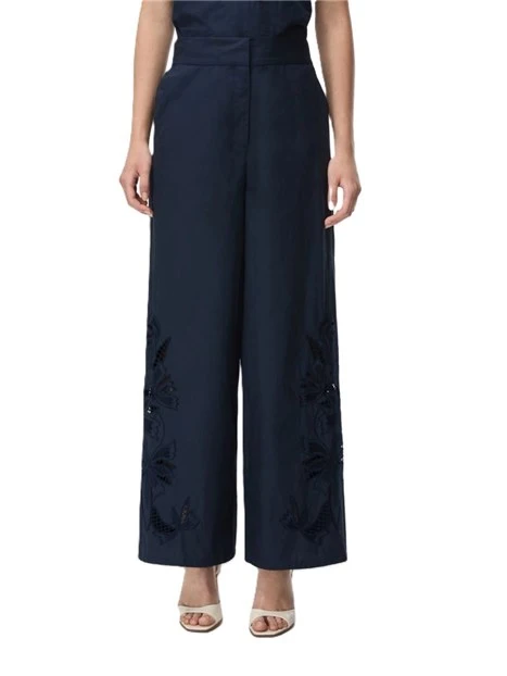 PANTALONE IN COTONE CON DETTAGLI RICAMATI ED ELASTICO IN VITA DONNA BLU