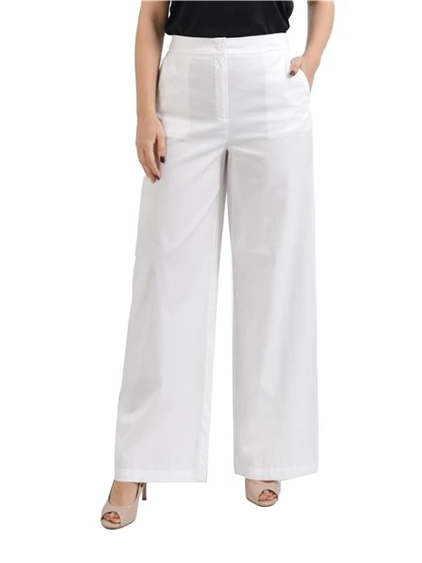 PANTALONI PALAZZO IN POPELINE MISTO COTONE CON ELASTICO SUL RETRO DONNA BIANCO