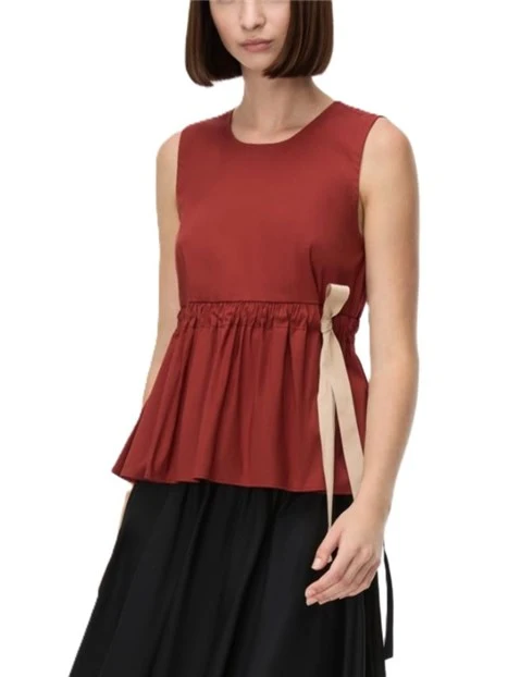 TOP IN MISTO COTONE STRECTH CON COULISSE E  BALZA ARRICCIATA DONNA ROSSO