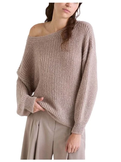 MAGLIA GIROCOLLO IN MISTO MOHAIR E MICRO PAILLETTE DONNA BEIGE