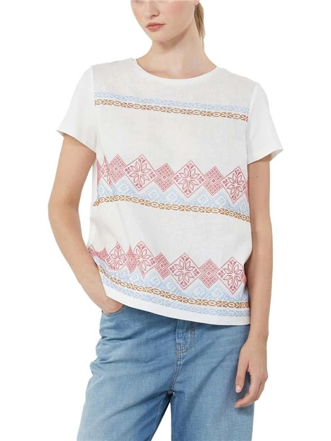 BLUSA IN JERSEY MANICA CORTA GIROCOLLO RICAMATO DONNA BIANCO