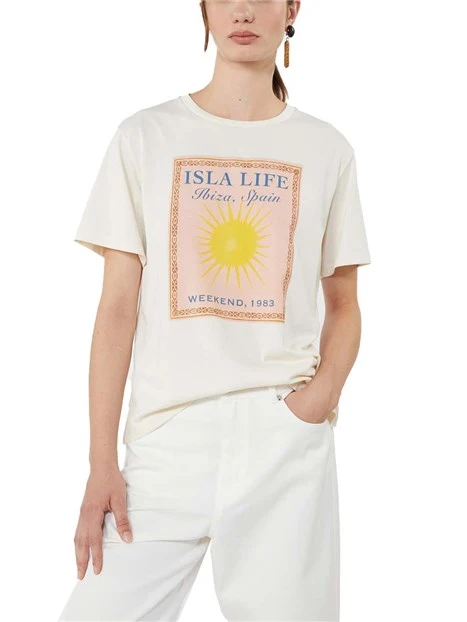 T-SHIRT MANICA CORTA CON SPAMPE FANTASIA DONNA ECRU'