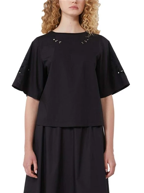 TOP MANICA CORTA  CON RICAMI DECORATIVI DONNA  NERO