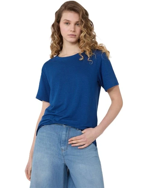 T-SHIRT MANICA CORTA IN LINO CON LOGO SUL RETRO DONNA BLU