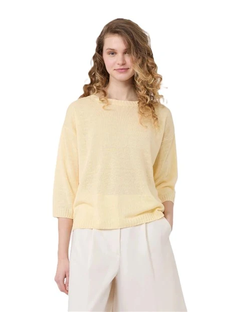 MAGLIA SCOLLO A BARCA IN PURO LINO CON BORDI A COSTINE DONNA GIALLO