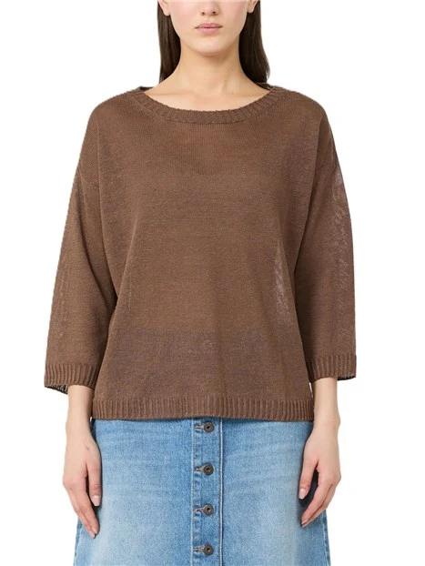 MAGLIA SCOLLO A BARCA IN PURO LINO CON BORDI A COSTINE DONNA MARRONE