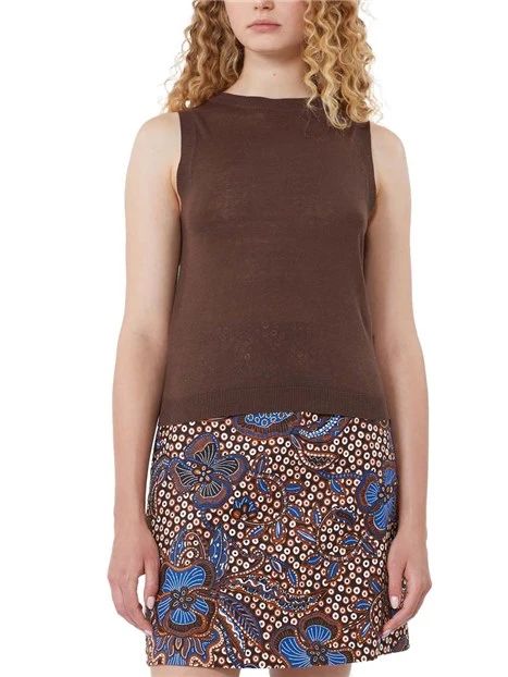 TOP SMANICATO GIROCOLLO IN SETA E LINO DONNA MARRONE