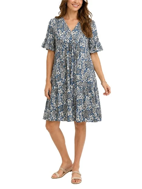 VESTITO CORTO KAFTANO  CON GONNA A BALZE DONNA  BLU SCURO