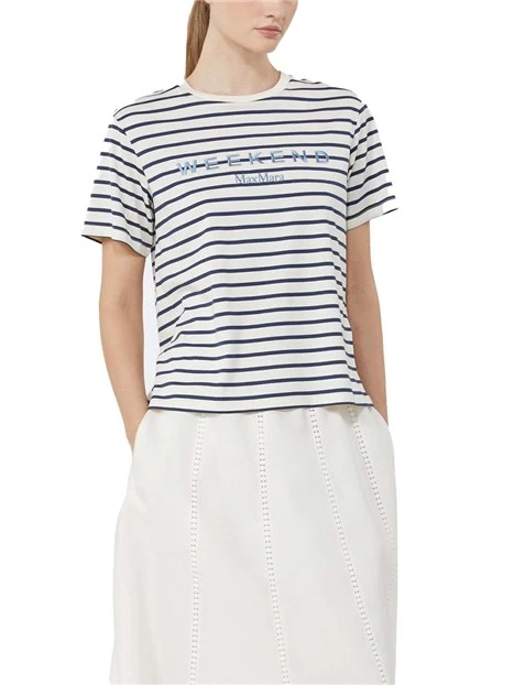 T-SHIRT MANICA CORTA CON GRAFICHE RIGHE RICAMATE DONNA BIANCO