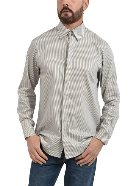 CAMICIA CASUAL IN COTONE A RIGHE CON LOGO RICAMATO UOMO BEIGE