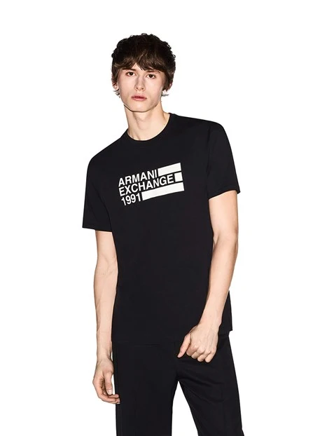 T-SHIRT MANICA CORTA CON STAMPA A CONTRASTO UOMO NERO