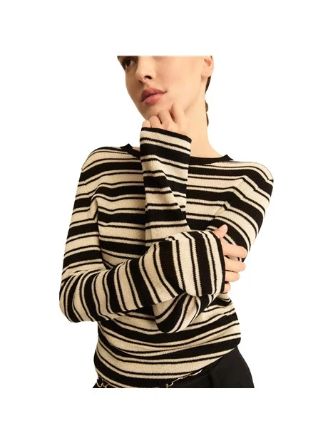 MAGLIA GIROCOLLO IN MISTO VISCOSA FANTASIA A RIGHE DONNA NERO
