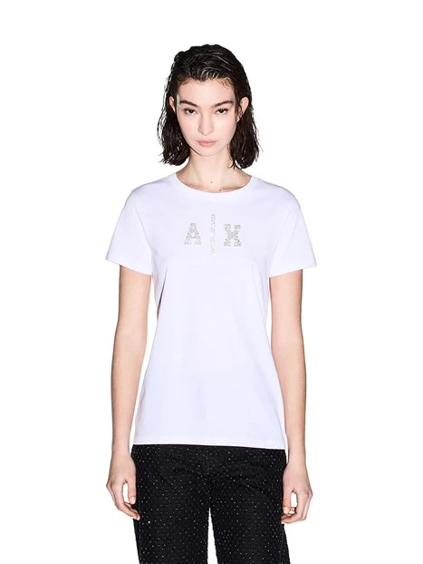 T-SHIRT MANICA CORTA CON LOGO RICAMATO IN STRASS DONNA BIANCO