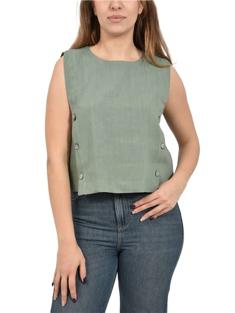 TOP IN LINO E VISCOSA STRETCH CON BOTTONI LATERALI DONNA VERDE