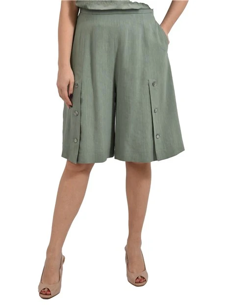 SHORTS IN MISTO LINO CON TASCHE E SPACCHI SOVRAPPOSTI DONNA VERDE