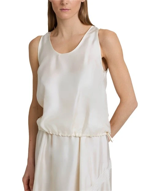 TOP SMANICATO CON SCOLLO ROTONDO E CHIUSURA CON BOTTONE DONNA BIANCO