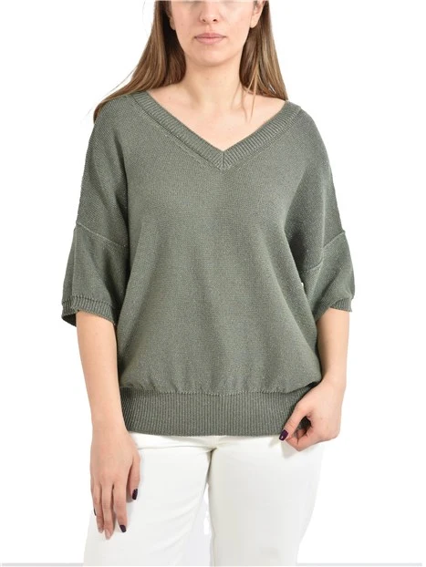 MAGLIA CON SCOLLO A V  IN FILATO DI COTONE E LUREX DONNA VERDE