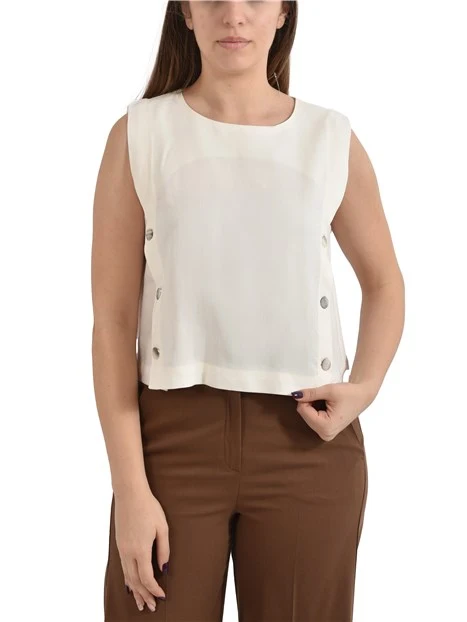 TOP IN LINO E VISCOSA STRETCH CON BOTTONI LATERALI DONNA BIANCO
