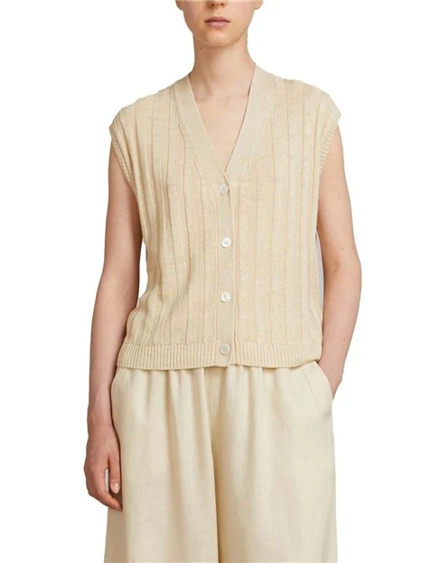 GILET IN MAGLIA CON SCOLLO A V E BOTTONI A VISTA DONNA BEIGE