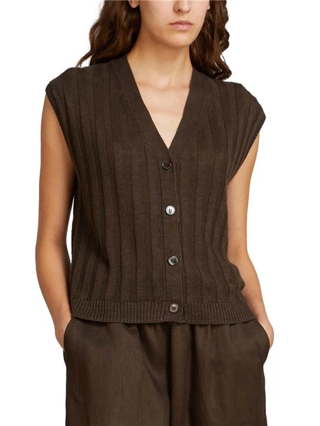 GILET IN MAGLIA CON SCOLLO A V E BOTTONI A VISTA DONNA MARRONE
