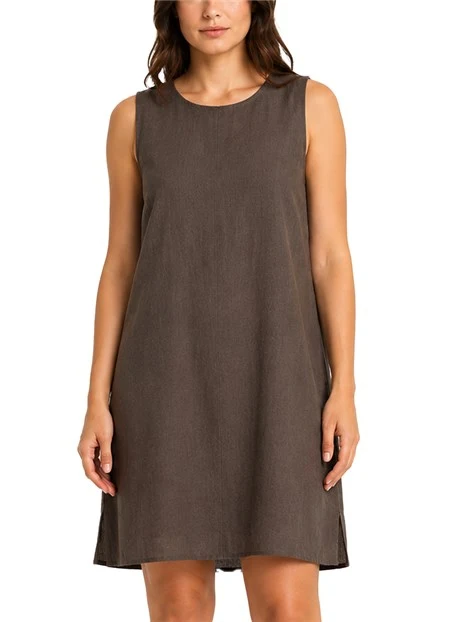 VESTITO CORTO SMANICATO CON CHIUSURA CON ZIP IN LINO DONNA MARRONE