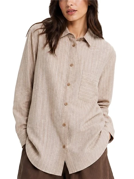 CAMICIA IN MISTO LINO A RIGHE CON TASCA DONNA BEIGE
