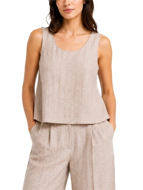 TOP SMANICATO IN MISTO LINO E COTONE DONNA MARRONE